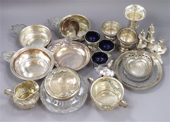 Two modern three piece silver condiment sets and a quantity of assorted sterling silver items including dishes 29.5 oz.